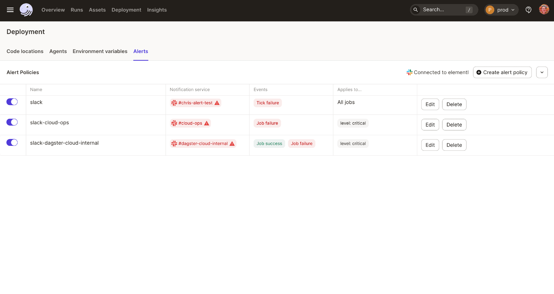UI Cloud Deployment - Alerts tab